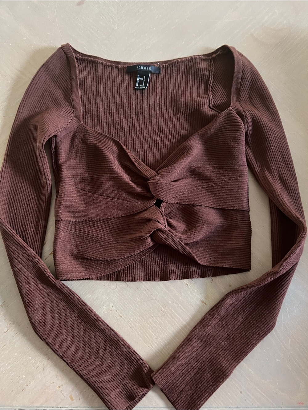 Forever 21 Brown Ribbed Twist-Front Long-Sleeve Crop Top